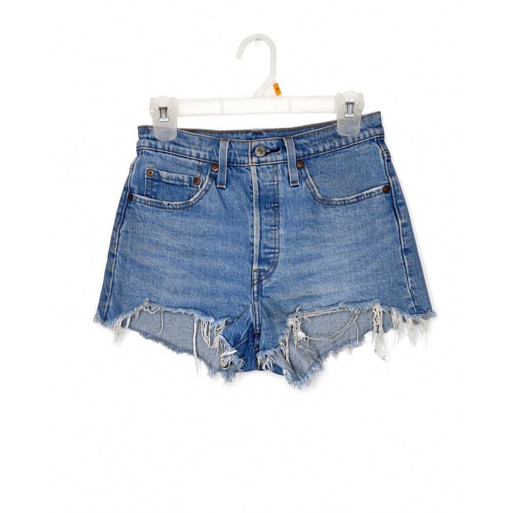 Levis 501 Original Distressed Denim Shorts Medium Wash Raw Hem Womens 26